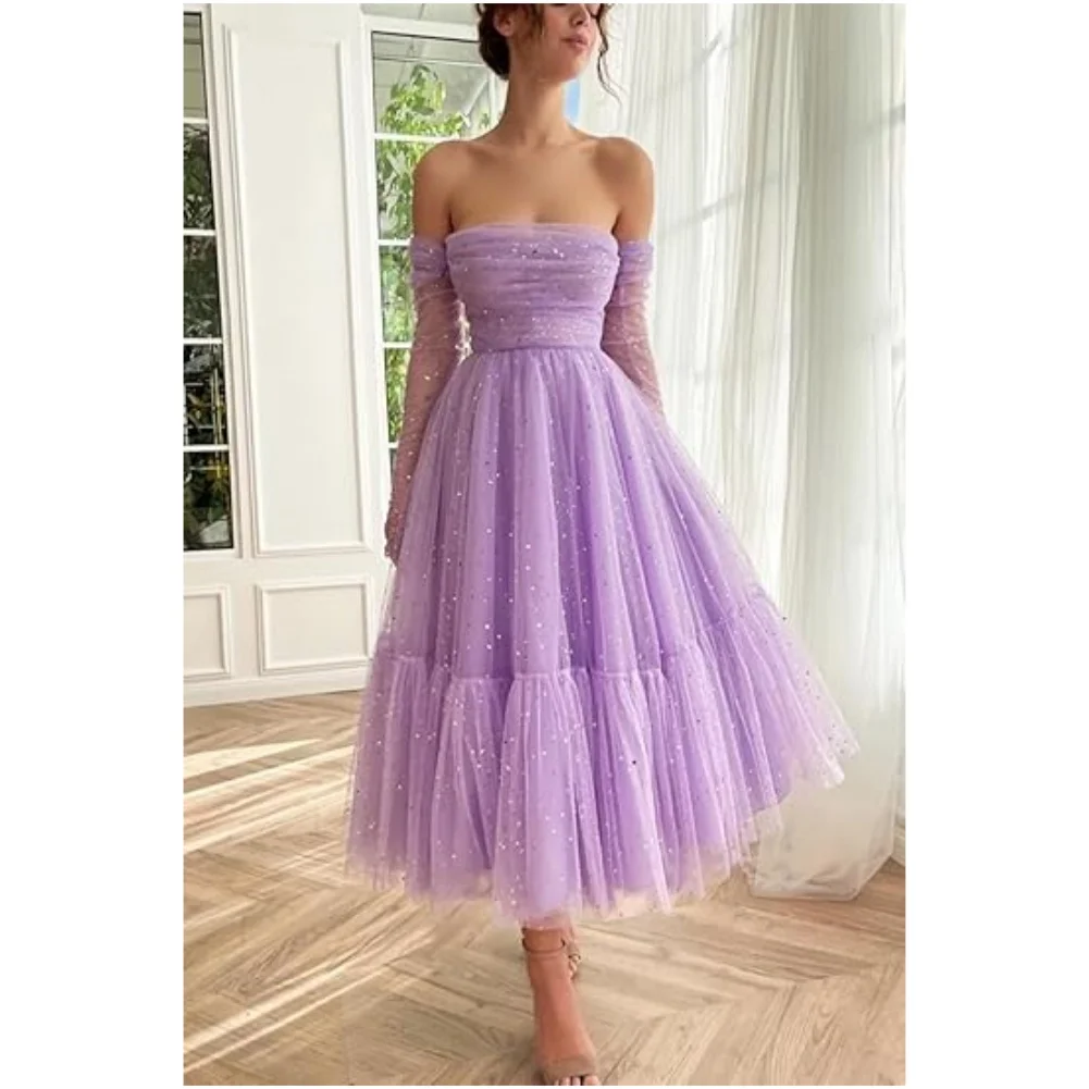 

Sparkly Starry Tulle Prom Dresses with Gloves Womens Tea-Length Formal Strapless Evening Gowns A-Line Puffy Homecoming Dress