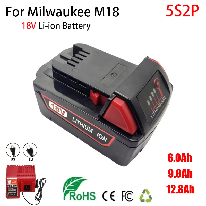 18V 6000mAh Original M18B5,BR,For Milwaukee M18 Power Tool Battery,XC,48-11-1860,9.8Ah Replaceable Lithium ion Battery,Charger