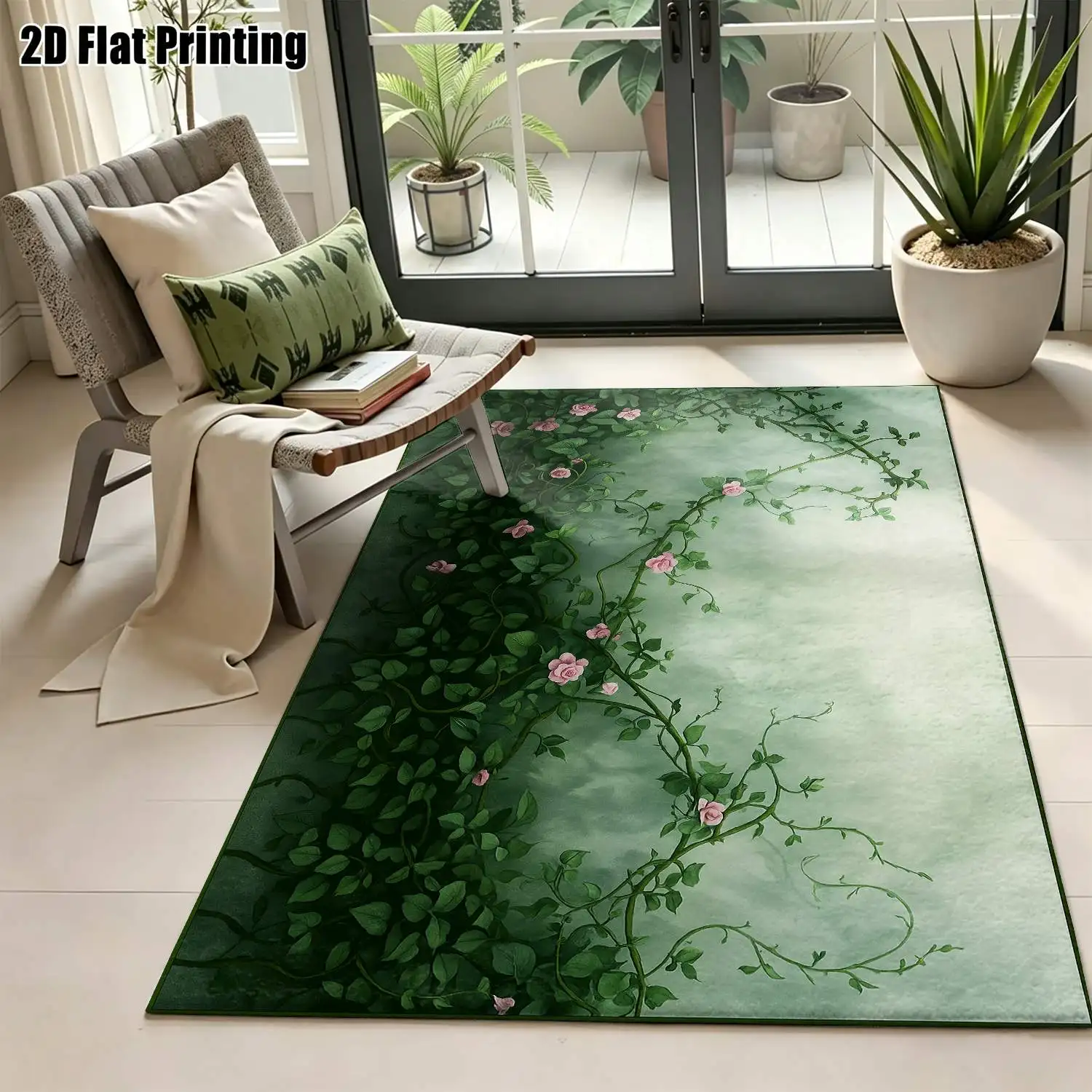 1Pc 2D Printed Carpet: Green Vines & Pink Flowers Nordic/Instagram/Modern Minimalist/European/Vintage Style, Multi-Size, Machine-Washable. For Entrance, Dining Room, Foyer, Living Room, Bedroom Home Decor.