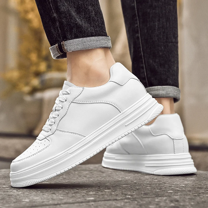 Summer Men Casual Sneakers Elevator Shoes Fashion White Leather 8CM 6CM Height Increasing Board Man Leisure Sports Height Shoes