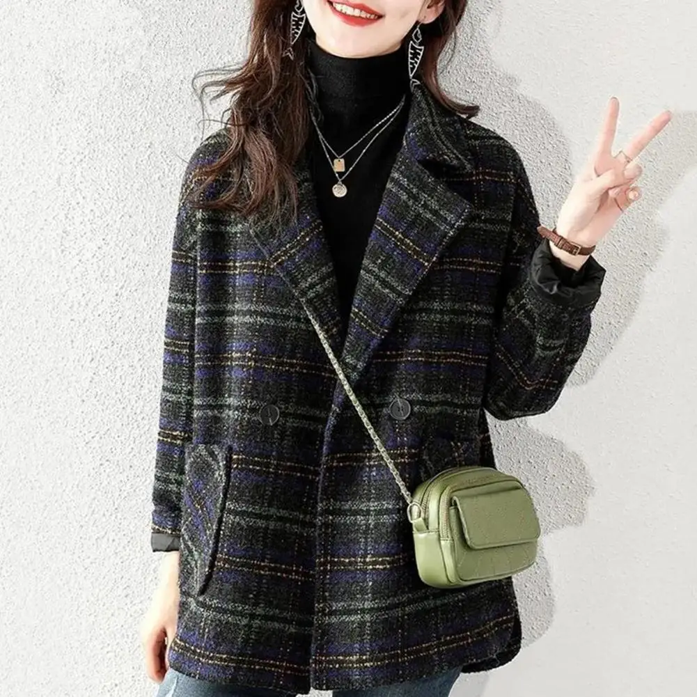 Women Solid Color Jacket Elegant Plaid Print Women's Winter Coat with Turn-down Collar Retro Cardigan Style Stay for Fall/winter - Image 6