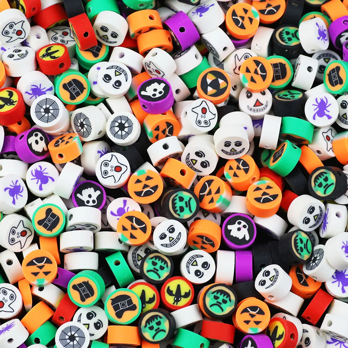Wholesale 50pcs 10mm Halloween Series Pattern Polymer Clay Spacer Loose Beads For Handmade Jewelry Making Bracelet Necklaces DIY