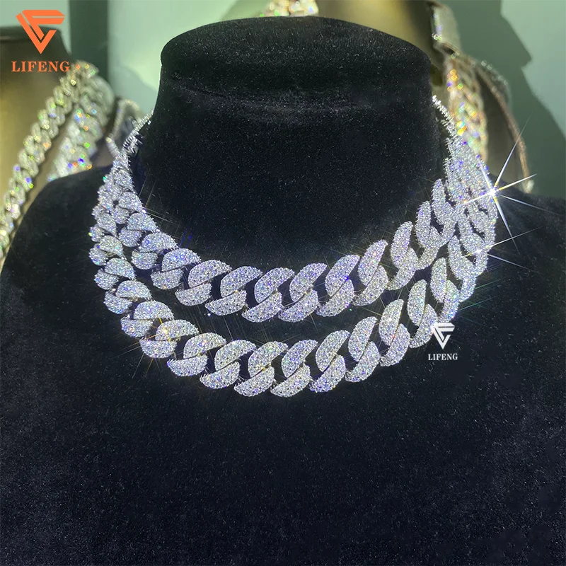 Hip Hop 14mm Cuban Link Necklace 925 Silver With White Gold Plated Iced Moissanite Large Diamond Middle Chic Diamond Cuban Chain