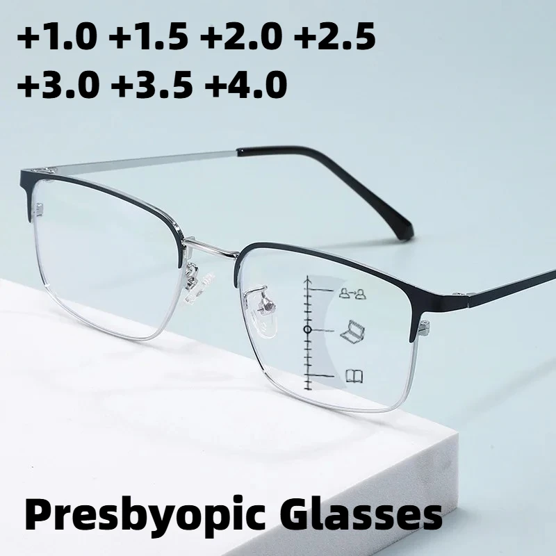 

New Anti-Blue Light Multifocal Presbyopia Glasses Unisex Fashionable Semi-Rimless High-Definition Reading Eyewear +1.0 To +4.0