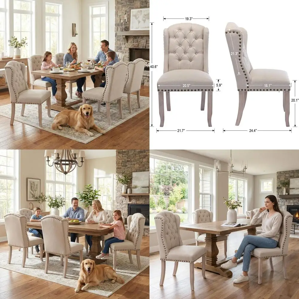 

ern Tuted Dining Chairs Set o 4, Linen Upholstered Dining Room Chairs ArmlGt Side Chair or Kitchen Dining Room, Wingback Accent