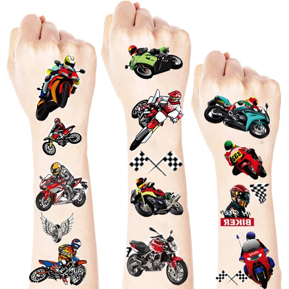 

4Pcs Race Car Motorcycle Dirt Bike Temporary Tattoos Stickers Birthday Party Decorations Games Children Kids School Rewards