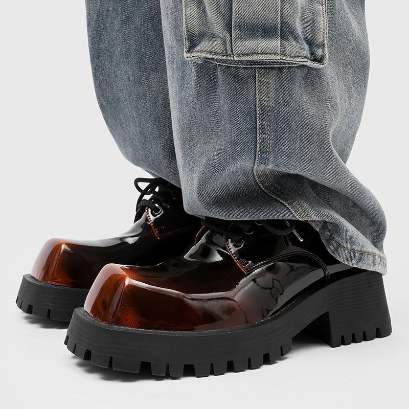Men Streetwear Fashion Hip Hop Square Toe Increase Gradient Casual Thick Sole Leather Designer Derby Shoes Man Dress Suit Shoes