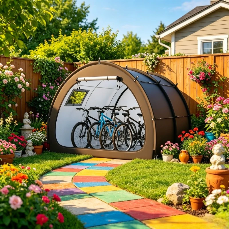 1706 x 2133 x 2438 mm Tente de garage pour vélos 5 places, abri pliable avec structure en fibre de verre, double fermeture éclair et fenêtre aérée – idéal pour jardin, cour et camping