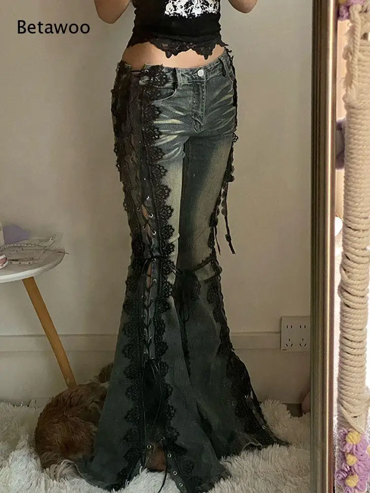 Ladies Distressed Retro Flared Denim Pants Floral Lace Splicing Lace-Up Cutout Design High Waist Long Bootcut Jeans