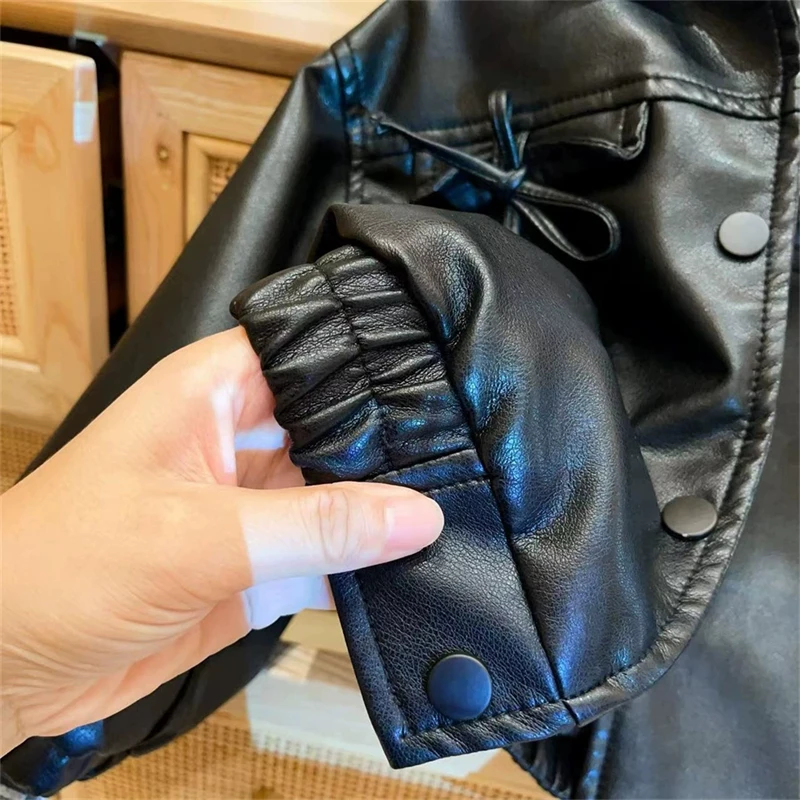 Bebê menina couro do plutônio turn down collar outerwear outono inverno moda quente arco bolso jaqueta coreano crianças casaco casual