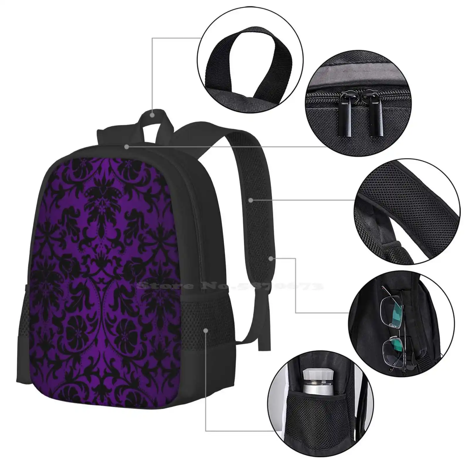 Purple And Black Damask Pattern Design Backpacks For School Teenagers Girls Travel Bags Purple Black Damask Pattern Abstract