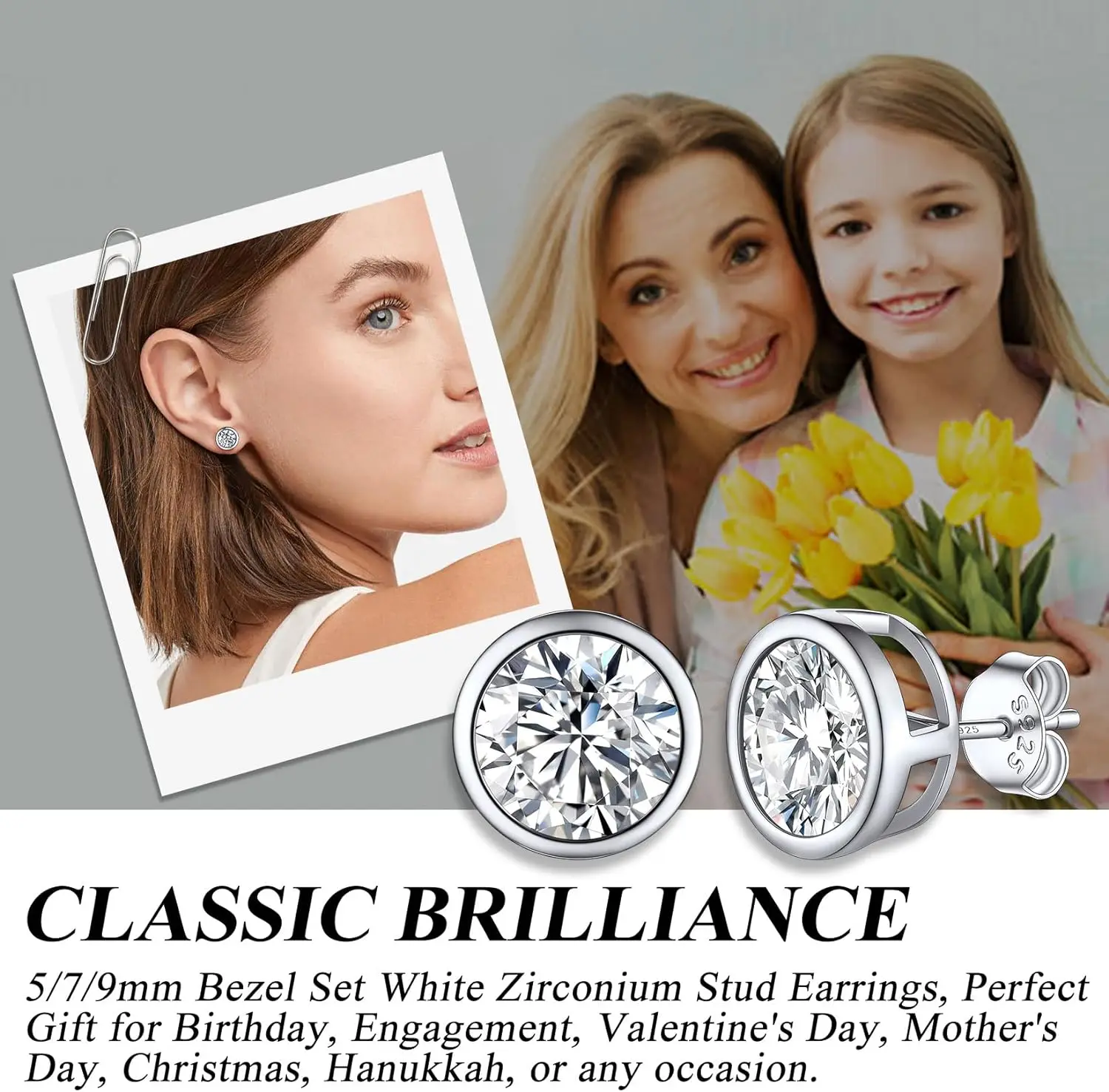 925 Stelring Silver Diamond Cubic Zirconia Stud Earrings for Women Girl Men 5mm 7mm 9mm