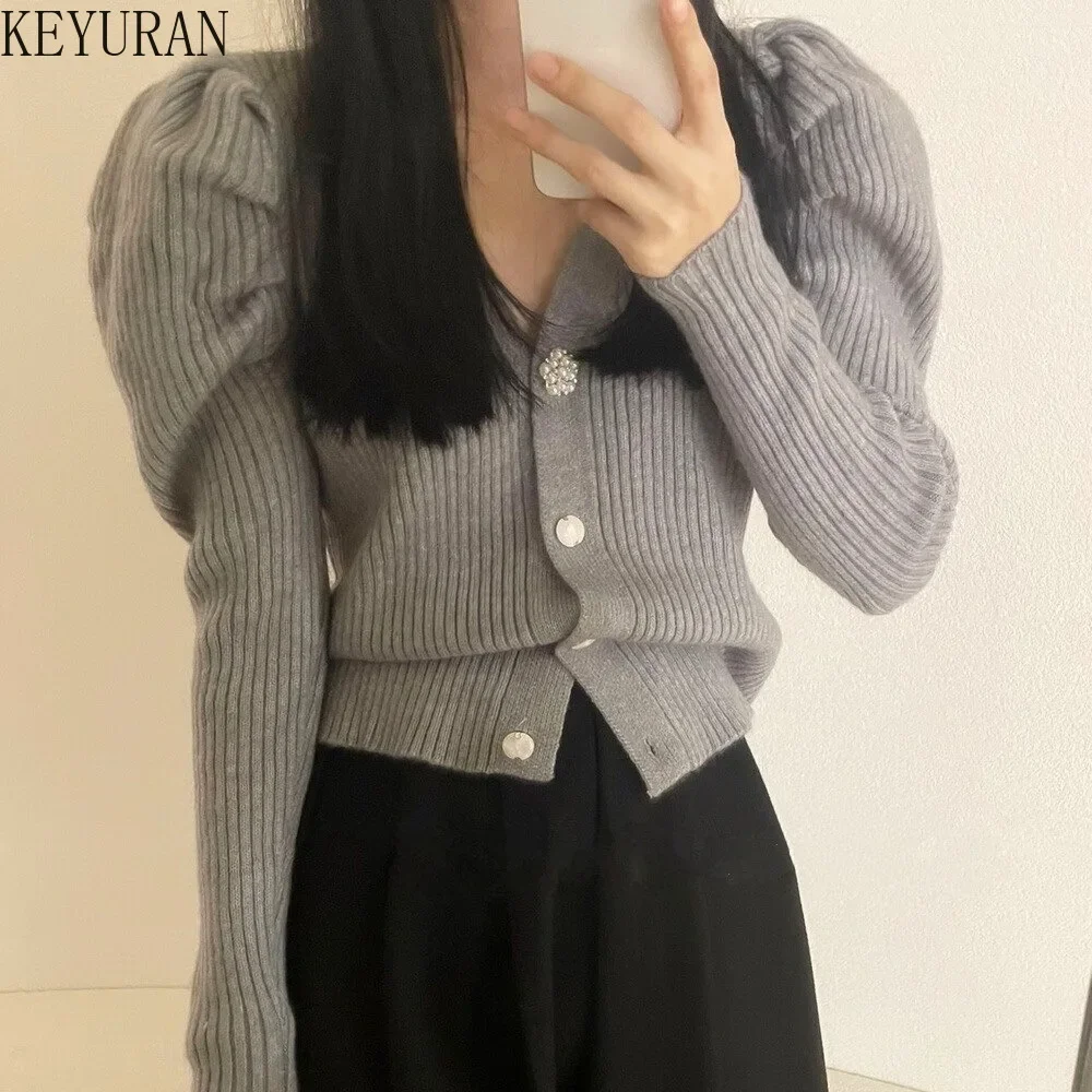 Red Women Cardigans Sweater 2024 Spring Autumn French Korean Fashion V-neck Slim Puff Sleeve Striped Knitted Sweaters Ladies Top