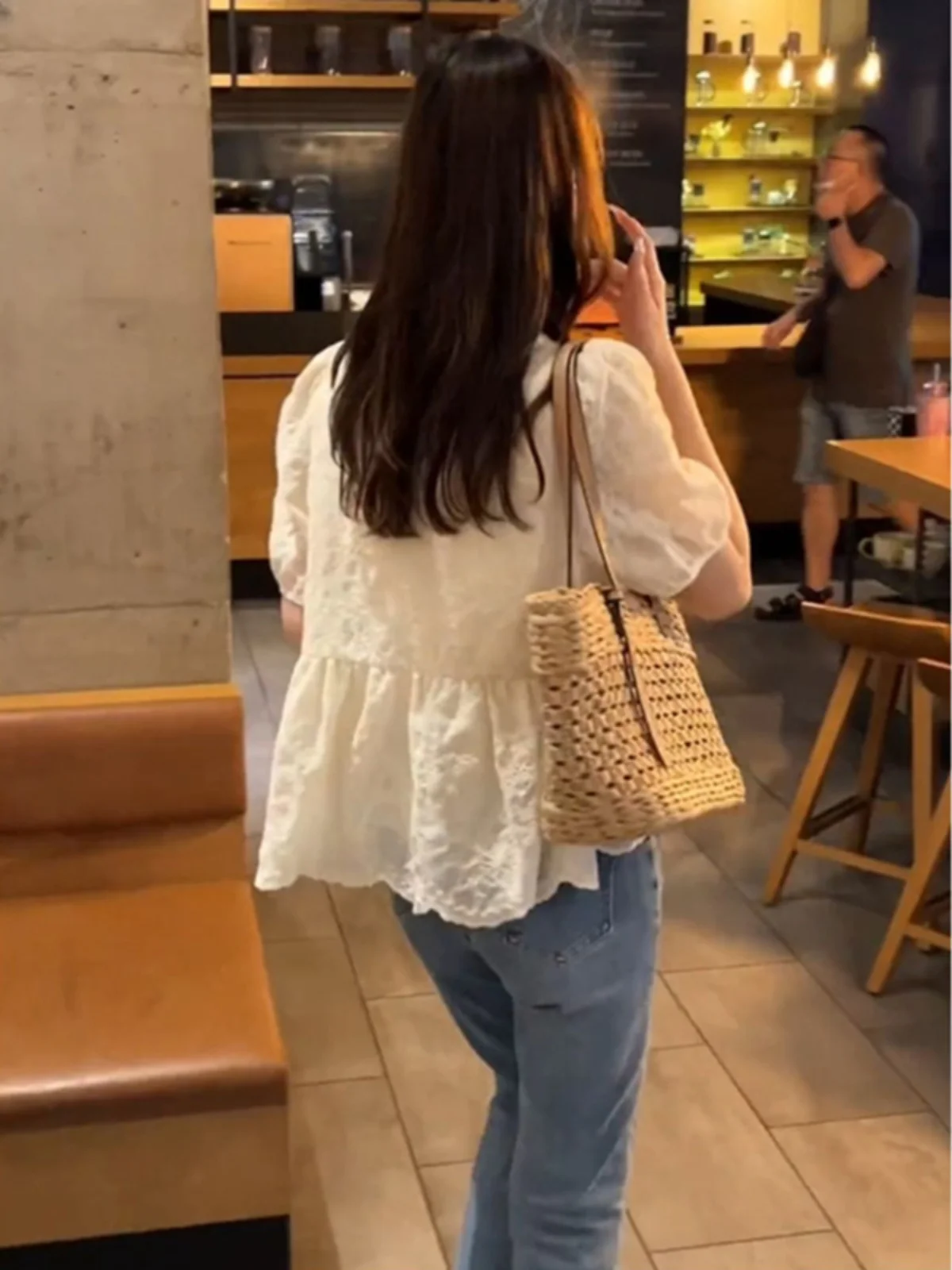 우아한 프랑스 스타일 자수 레이스 버블 슬리브 스퀘어 칼라 돌 셔츠 여성 여름 캐주얼 루즈핏 반팔 탑