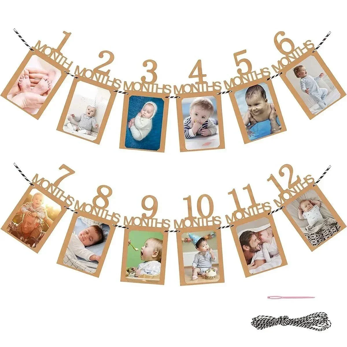 12 Months Kraft Photo Hanging Banner Props Bunting Garland for Boy Girl One Year First Birthday Baby Shower DIY Party Decoration