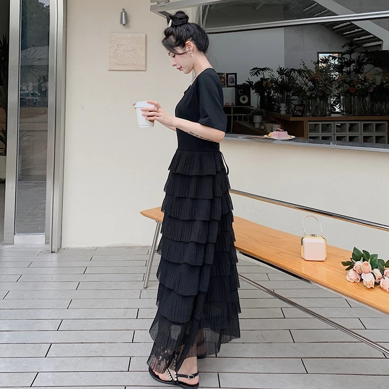 Eenvoud Jurken Elegant Patchwork Ruches Effen Zwart Zomer Dunne O-hals Korte Mouw Koreaanse Mode Losse Dameskleding