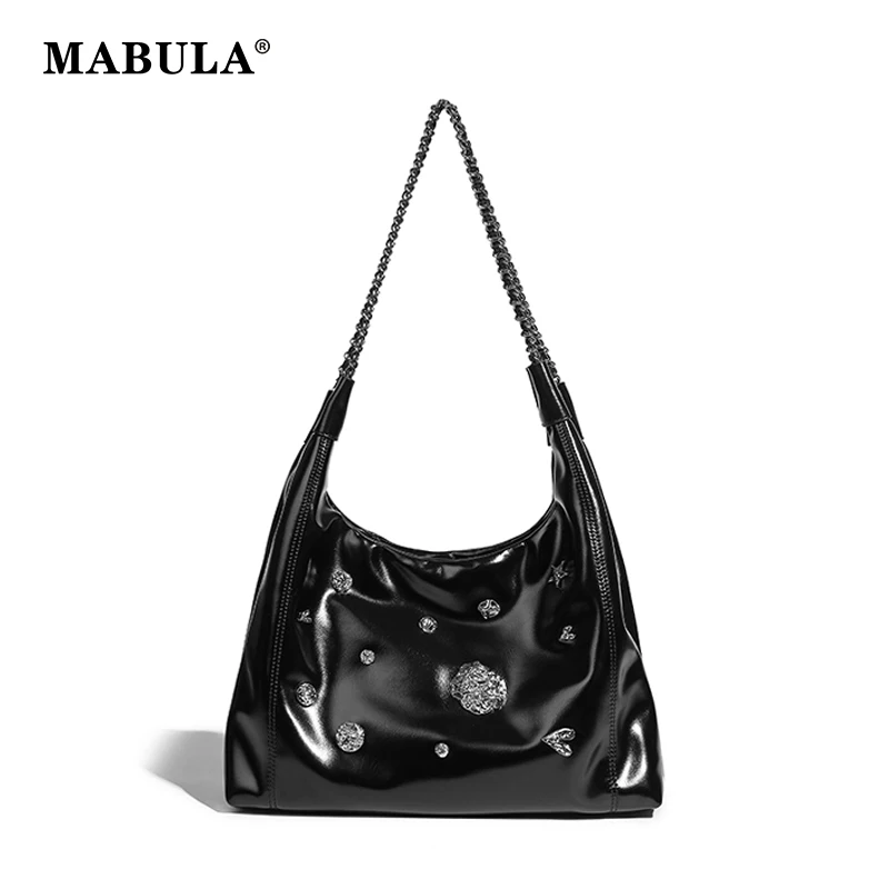 

Стильная черная сумка-хобо MABULA для женщин, вместительный кожаный кошелек на плечо, уникальные женские сумки с металлическим листом