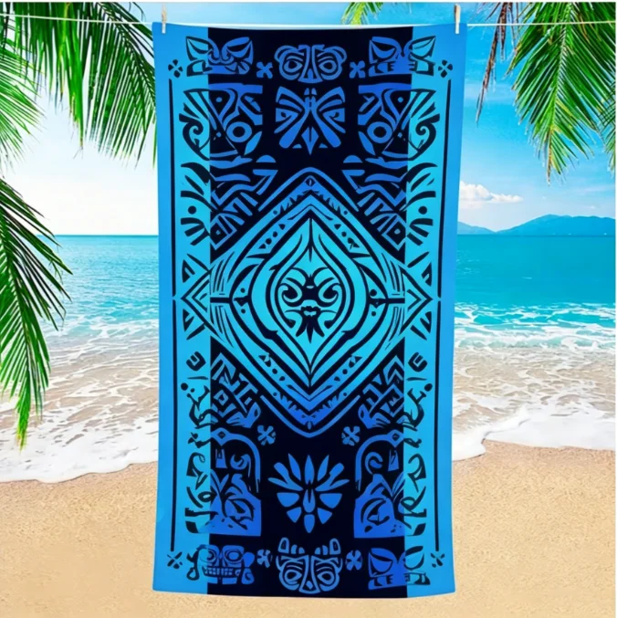 Large Microfiber Beach Towel, Blue Tribal Tiki Mask Print, Sand Free & Quick Dry, for Summer Beach & Pool Use