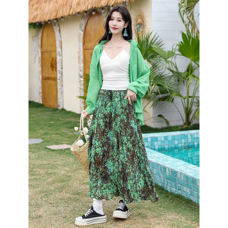 Luxury Vintage Ombre Rose Maxi Dress High-waisted Draped Pleated A-line Skirt Trendy Women's Printed Pleated Skirt Elastic Waist