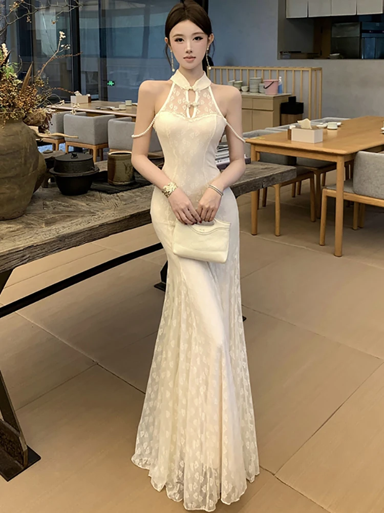 

Spring Autumn White Lace Jacquard Neck-mounted Sexy Dress Women Elegant Luxury Dance Party Dress 2025 Korean Vintage Night Dress