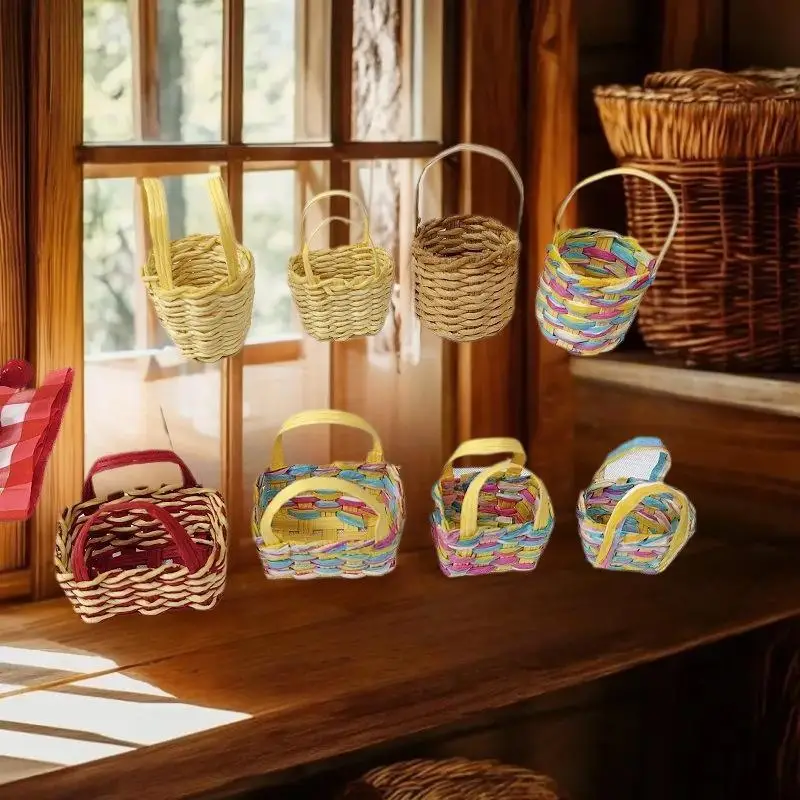 عبوة من دعامة السلة المنسوجة ذات الطراز المصغر، ديكور بيت الدمى، مثالية لمشهد حمل الزهور والأساسيات اليومية