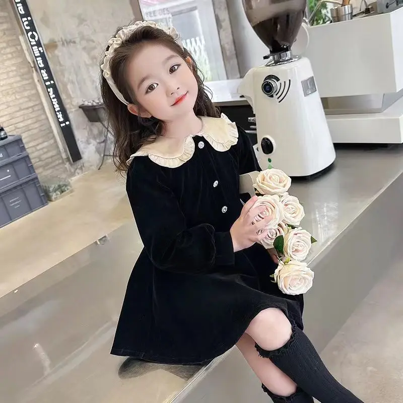 1-9Years Toddler Baby Girl Fall Long Sleeve Dress Children Black Princess Dresses for Girls Peter Pan Clollar Party Outfits 4 5