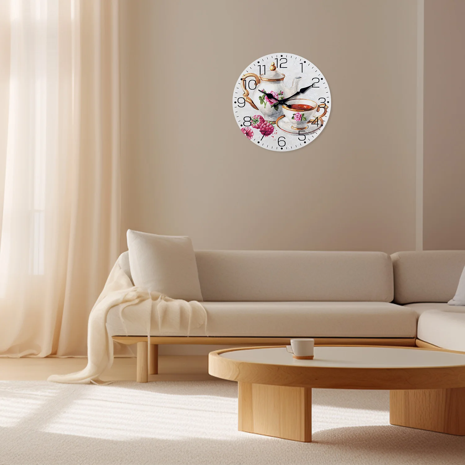 French Retro Teapot and Teacup Pattern Wooden Wall Clock for Living Room, Bedroom, Kitchen, Home Decoration, Silent Quartz Clock, Holiday Gift, 10