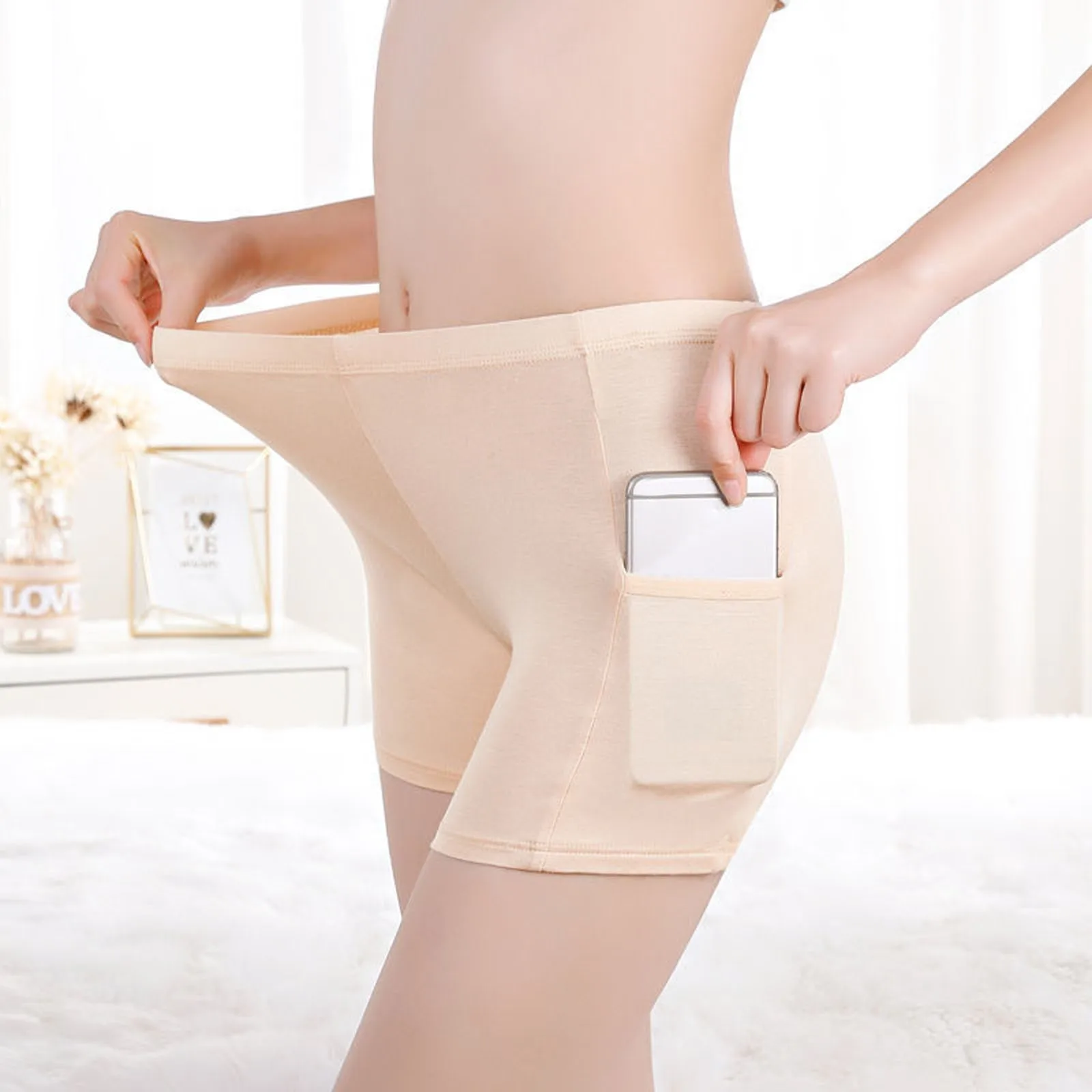 Women Solid Color Panties Glare Splice Non Rolling Tight Underwear Pocket Shorts for Women Cotton