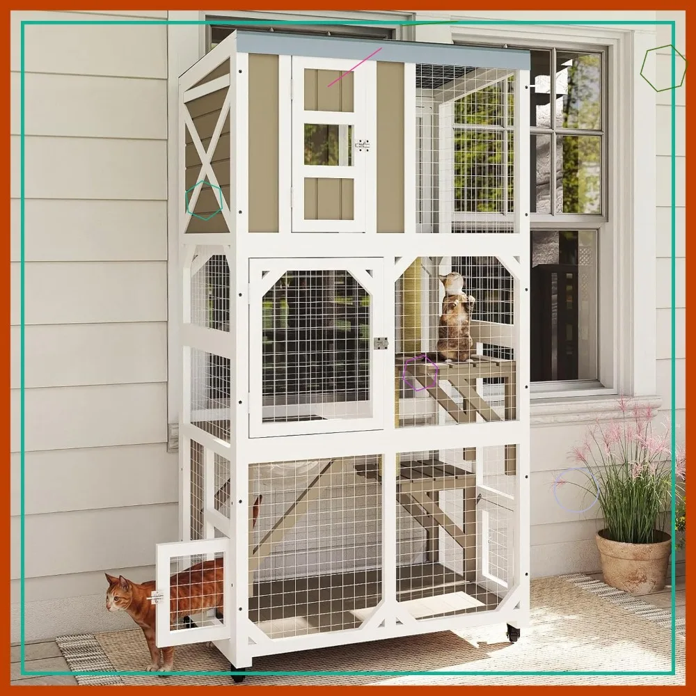 

64" Large Outdoor Cat Enclosure with Wheels, Weatherproof Roof, 3 Platforms for Multiple Cats - Gray