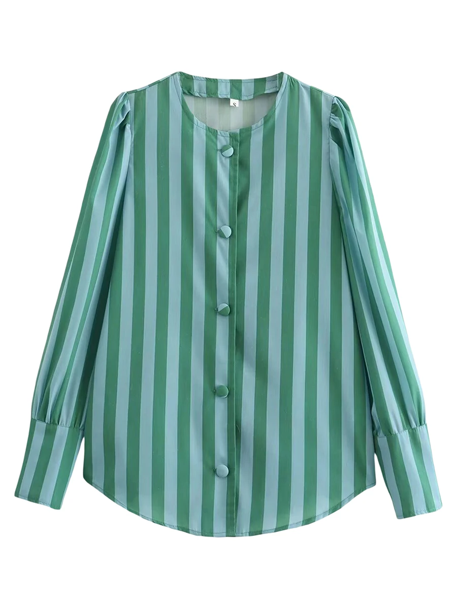 Women’s Button Down Shirts Puff Sleeve Round Neck Stripes Print Beach Tops Summer Vacation Tops