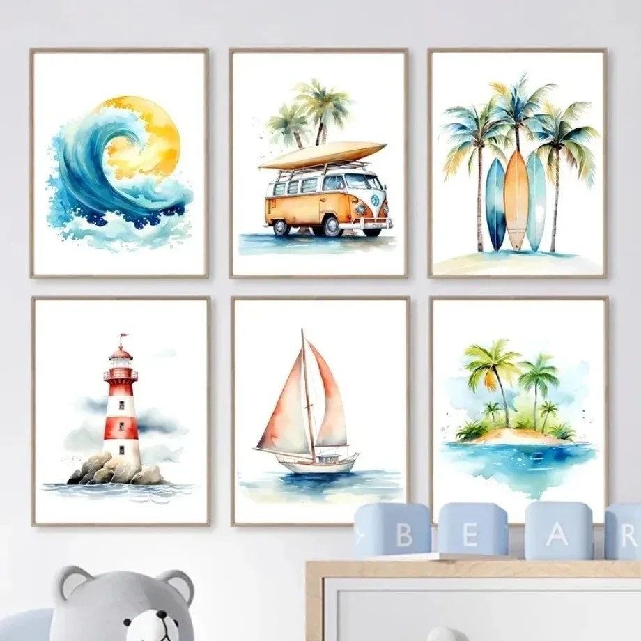 גלישה על חוף ים מגדלור אמנות בד ציור ילדים חוף מדפיס פוסטר להדפסה ילדים חוף ילדים