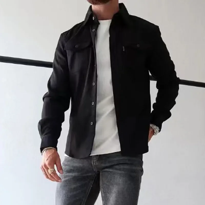 New Autumn Winter Men Long Sleeve Lapel Outerwear Coats Man Single-Breasted Solid Color Pocket Coats Men\'s Casual Shirt Jackets
