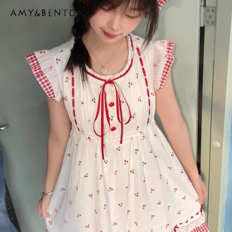 

Original Japanese Sweet Fruit Print Flying Sleeves Women's Dress 2025 Summer New White Slimming Loose Princess Dresses Ladies