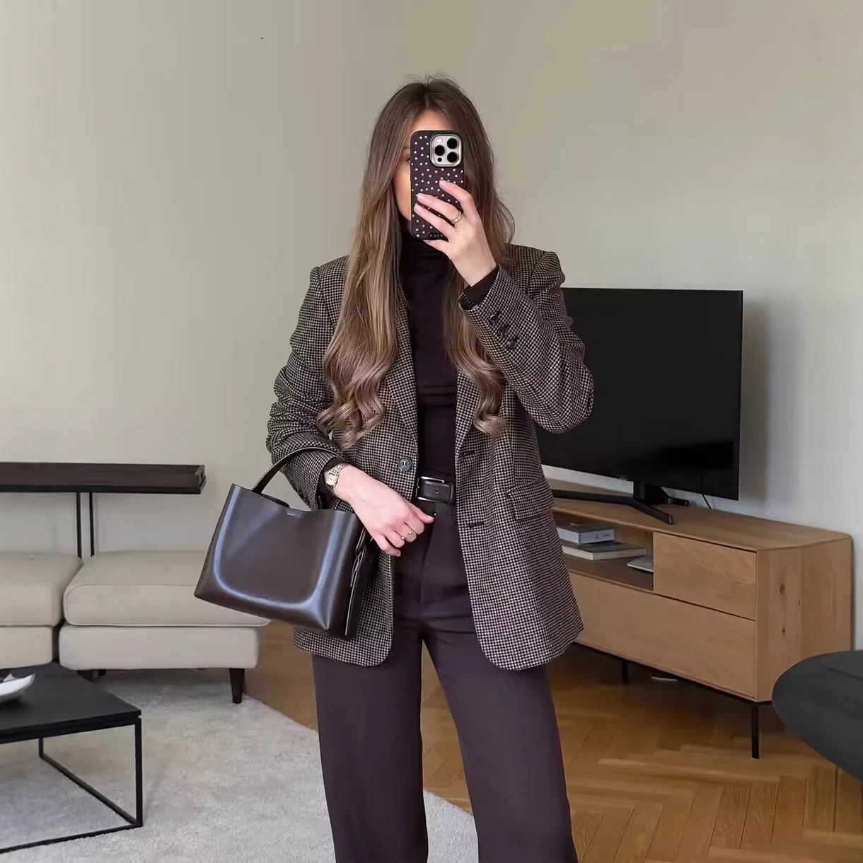 

Fashionable Autumn Women's Checkered Wool Blend Suit Jacket Elegant Ladylike Transoceanic European American Style