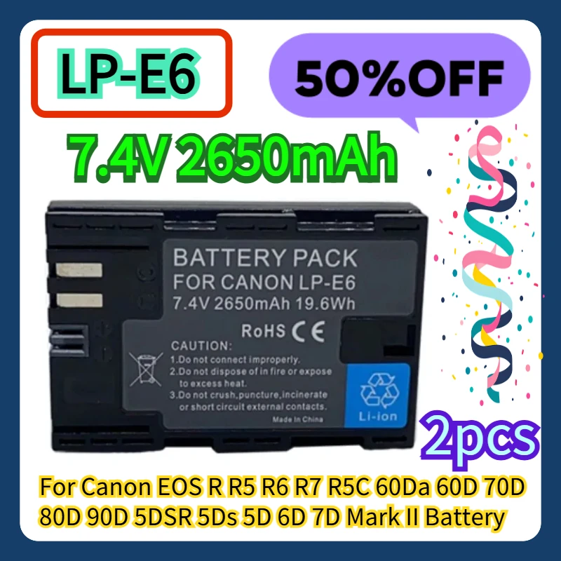 

2pcs For Canon EOS R R5 R6 R7 R5C 60Da 60D 70D 80D 90D 5DSR 5Ds 5D 6D 7D Mark II 7.4V 2650mAh LP-E6NH LP-E6N LP E6 Battery