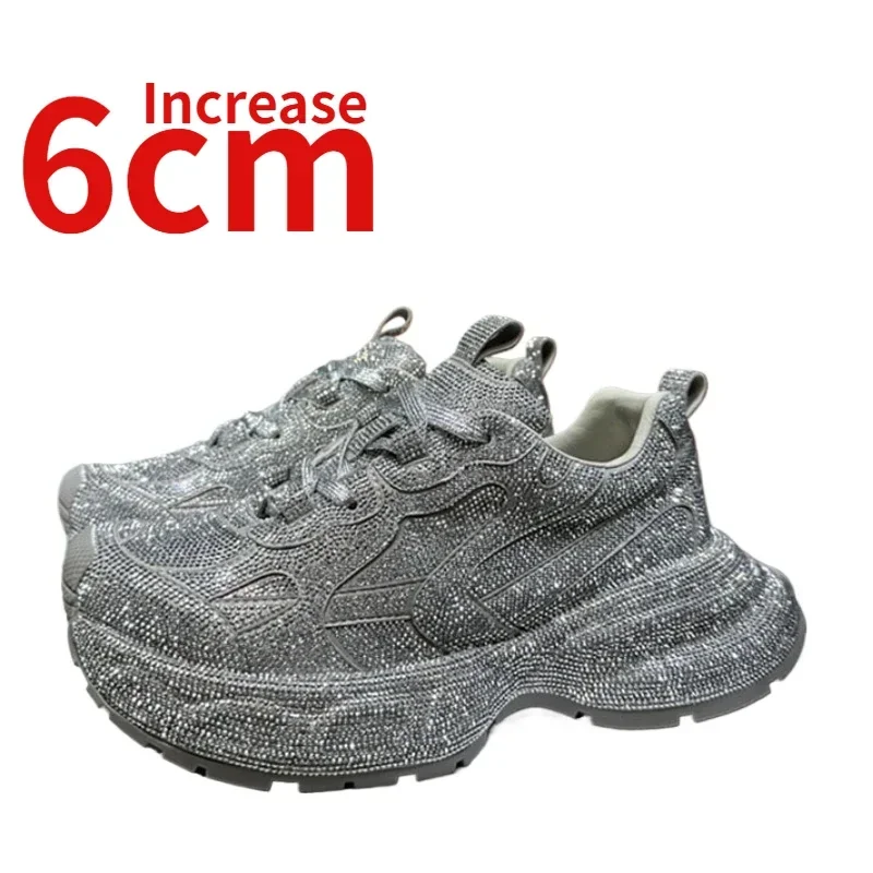 Sky Full of Stars Water Diamond Casual Shoes for Women's Increased 6cm Genuine Leather Breathable Heightened Silver Dad's Shoes