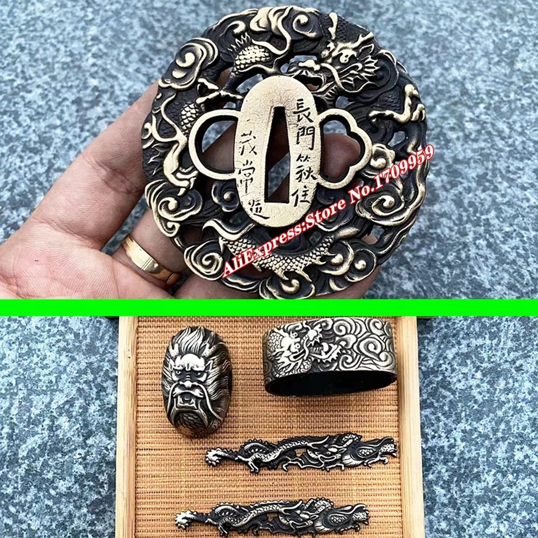 Guarda de cobre com tema de dragão para Katana/Wakizashi Conjunto de acessórios de proteção de mão espada japonesa Tsuba Menuki Fuchi Kashira