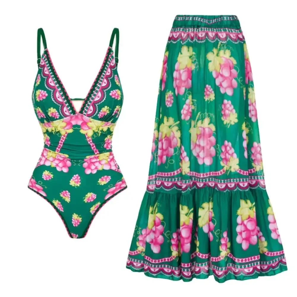 

2024 Women Swimsuit Set Deep V Retro Green Grapes Print Swimwear Beachwear Bathing Suit Bikini Monokini Bodysuit two piece