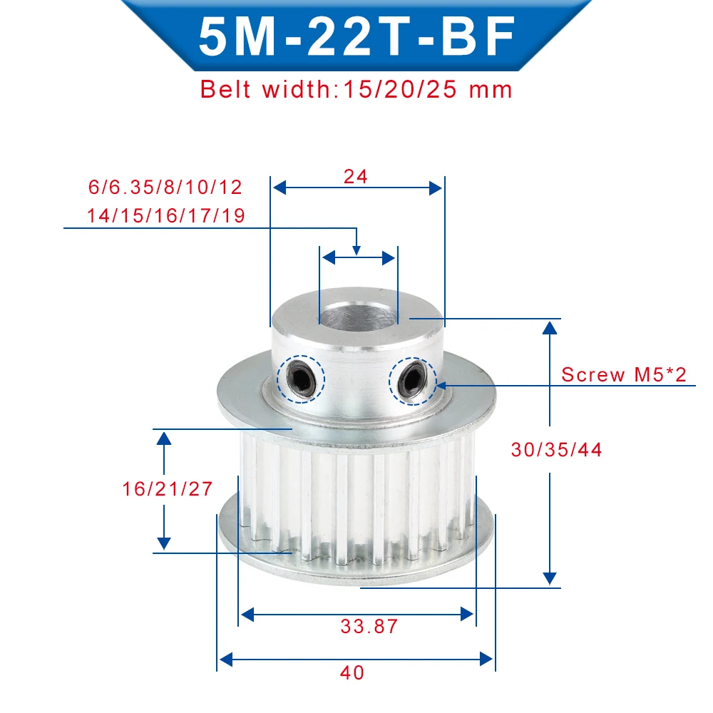 5M-22T Belt Pulley Bore 6/6.35/8/10/12/12.7/14/15/16/17/19mm Circular Arc Tooth Pulley Wheel For 5M Rubber Belt Width 15/20/25mm