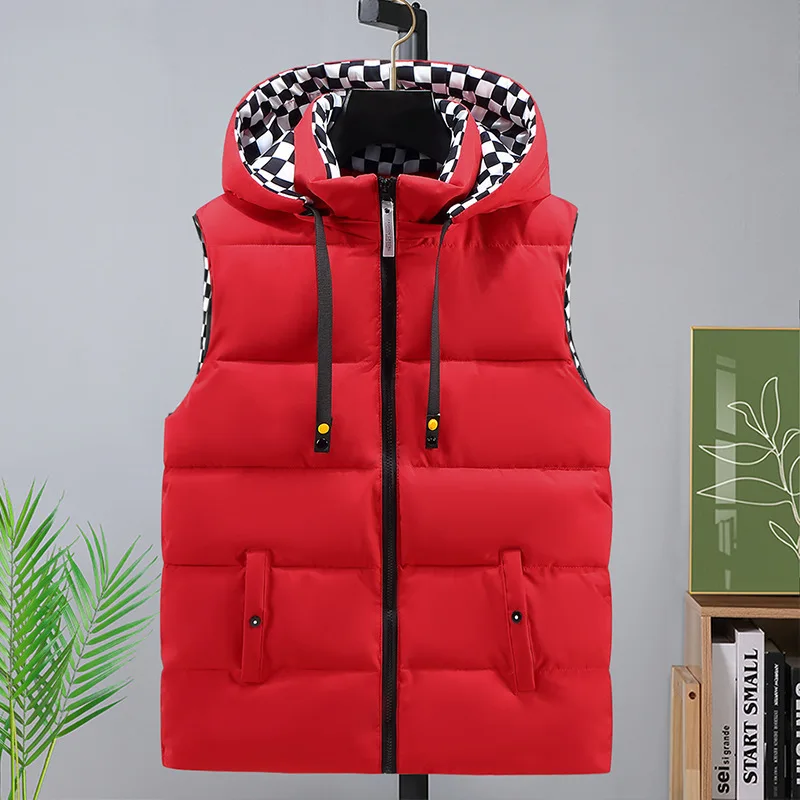 #3614 Autumn Winter Hooded Vest Coat Black Gray Red Vest Waistcoat Zipper Down Cotton Vest Coat Unisex Vest Jacket Outerwear