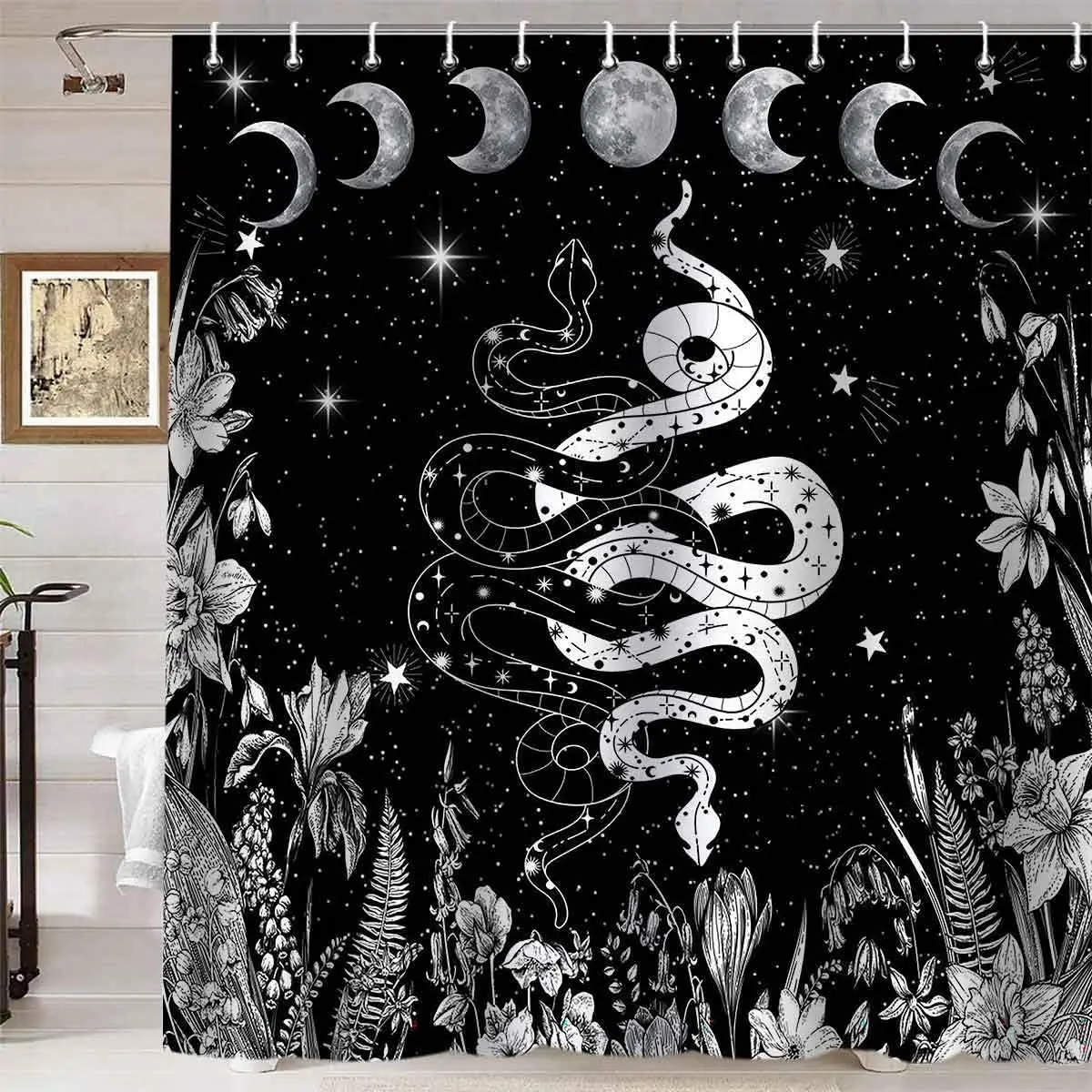 

Black and White Snake Moon Phase Shower Curtain Galaxy Star Floral Plant Boho Celestial Mysterious Gothic Witchy Hooks