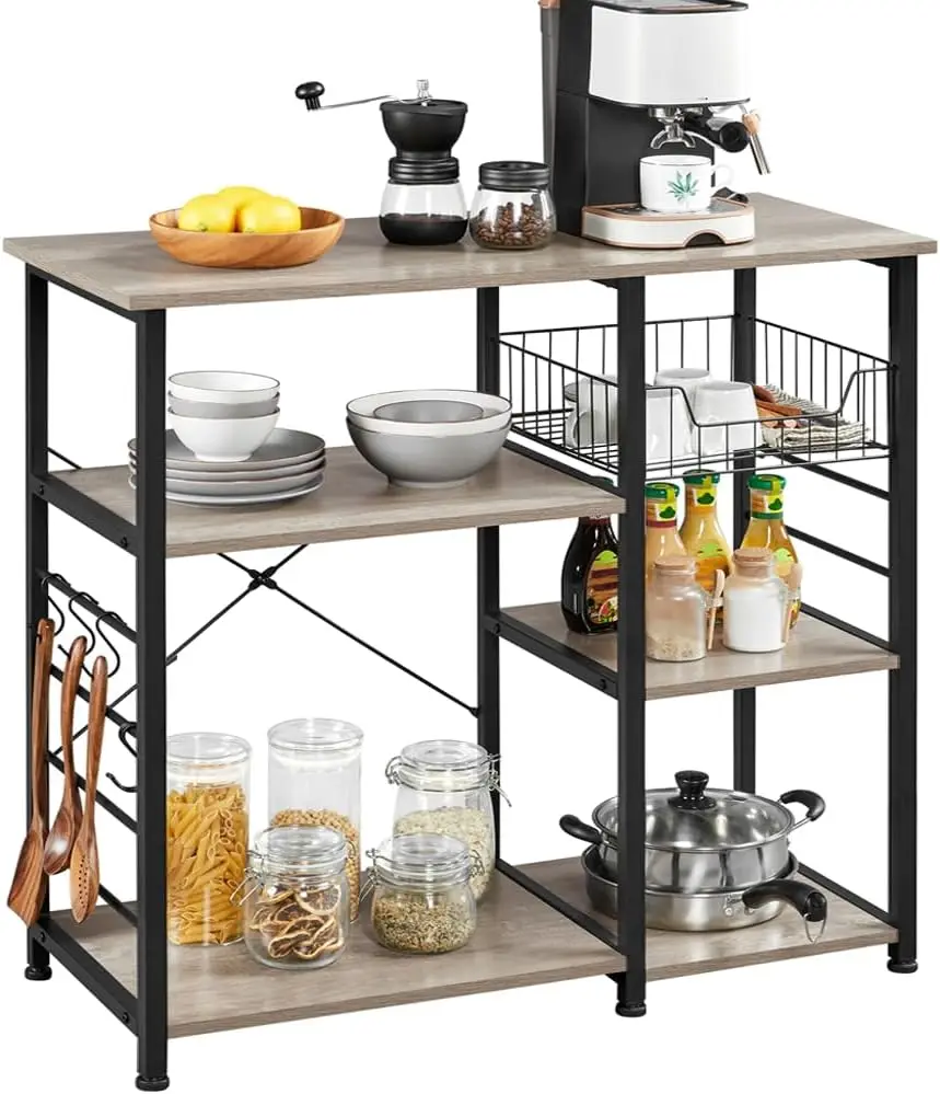 Yaheetech Kitchen Bakers Rack With Wire Basket, Coffee Bar Table Station Microwave Oven Stand Kitchen Utility Storage Shelf