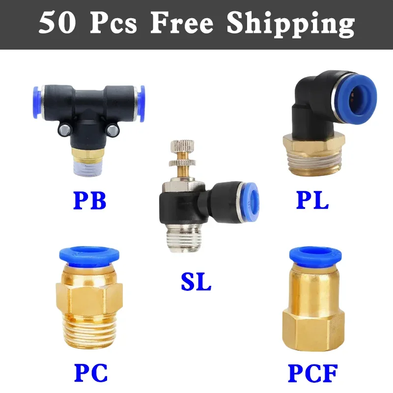 

50 Pcs Pneumatic Air Connector Fitting PC/PCF/SL/PB/PL 4 6 8 10 12 Thread 1/8 1/4" 3/4" 1/2" Hose Fittings Pipe Quick Connectors