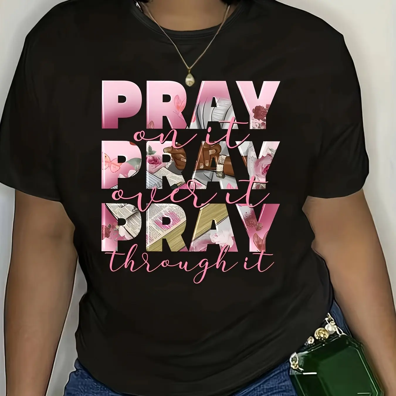 

Pray on It Pray Over It Through It Футболка с принтом для женщин и мужчин Модный топ весна/лето Свободная футболка унисекс с короткими рукавами