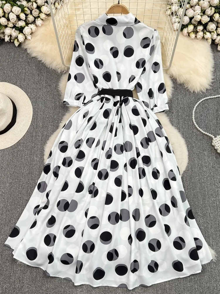 夏のファッション デイジー柄 ロングドレス カラー オルト スベ スリムフィット 水玉模様 Aライン ドレス ハイウエスト コントラクション
