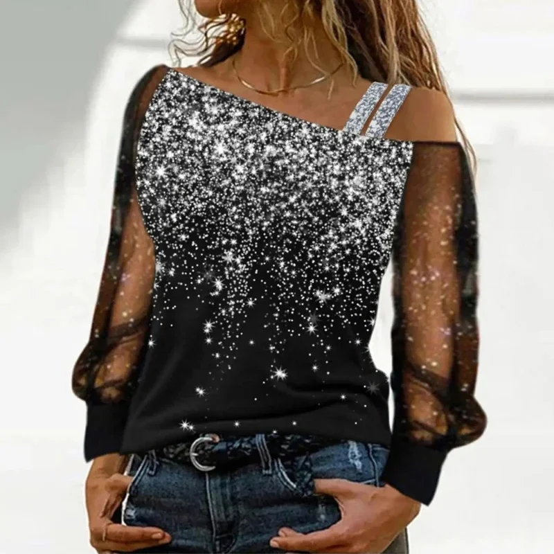 Sexy Womens T-shirt Shiny Solid Color Long Sleeves Fashion Mesh Splicing Sloping Shoulders Printed Tops Ladies Christmas Clothes