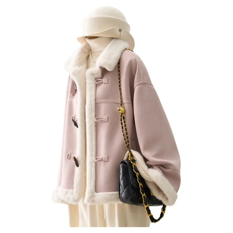 

Women's Pink Faux Shearling Coat with Fur TrimToggle ClosureOversized Winter Warm Jacket Lapel Collar Fleece-Lined Outerwear