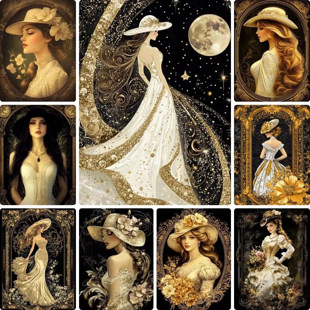 DIY Vintage Golden Noble Lady Moon Star Diamond Painting, Retro Lace Dress Floral Women Portrait Wall Decor Gift