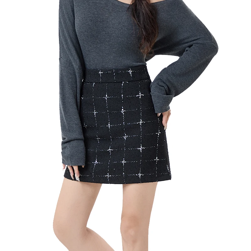 Saia feminina xadrez mini cintura alta uma linha coreano pequena fragrância cor contrastante cor sólida versátil saco de quadril saia inverno
