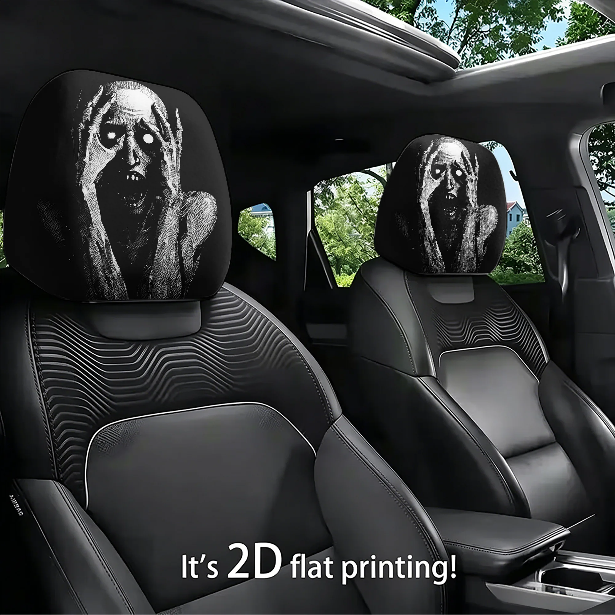 2pcs Gothic Scream-themed car headrest covers to add a touch of eerie atmosphere to your car’s interior. Filling not included. E